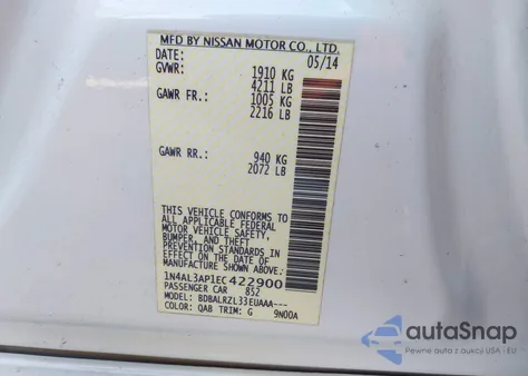 2014 Nissan Altima 2.5/2.5 S/2.5 Sl/2.5 Sv from USA, damaged, VIN 1N4AL3AP1EC422900